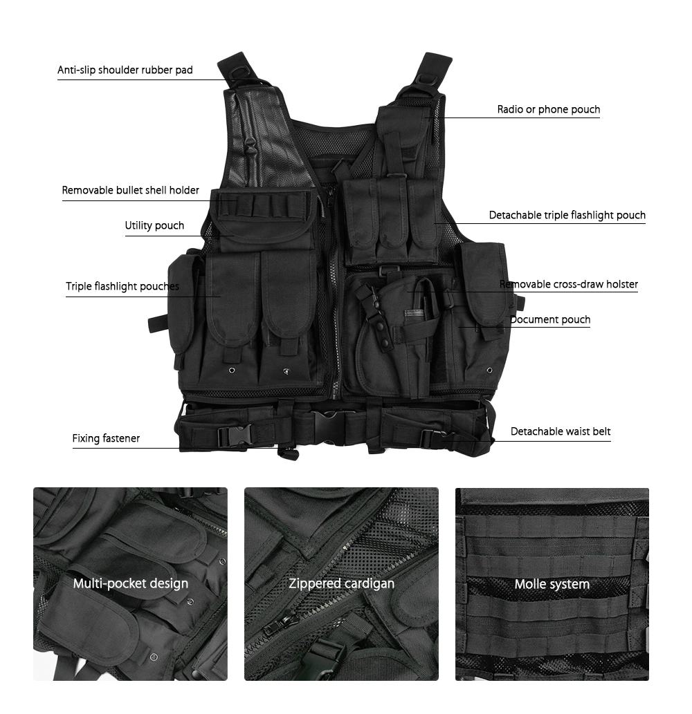 Outlife Tactical Paintball Military Swat Assault Shooting Hunting Molle Vest with Holster