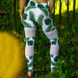 Women\'s green leaf mesh stitching digital printing buttock stretch high waist leggings