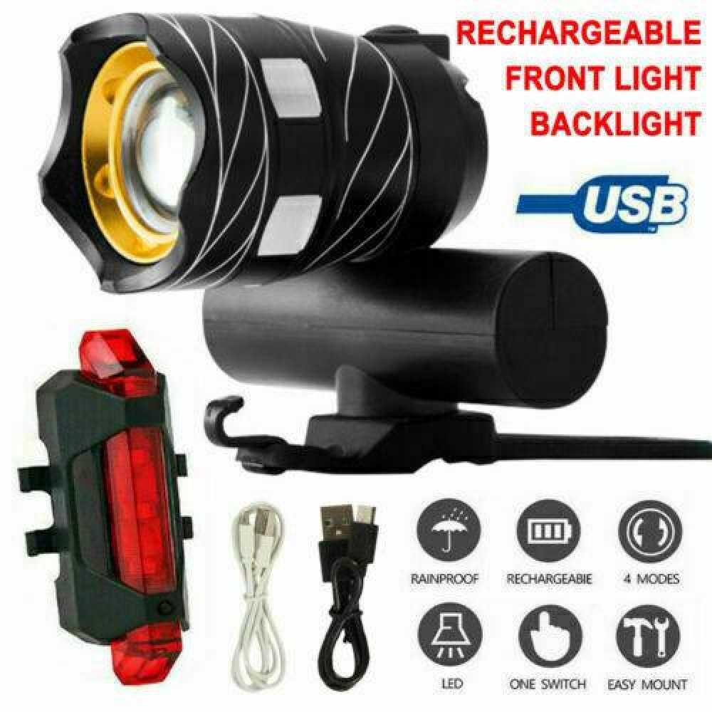 USB Rechargeable 15000LM T6 LED MTB Bicycle Light Bike Front+Rear Headlight Set