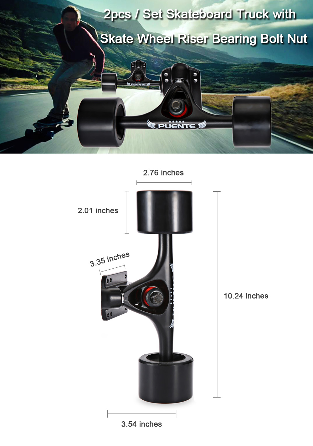 PUENTE 2pcs / Set Skateboard Truck with Skate Wheel Riser ABEC - 9 Bearing Bolt Nut